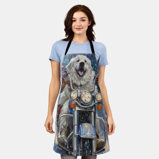 ピレネー素晴らしズドッグライディングオートバイクリスマス エプロン (着用した状態)
