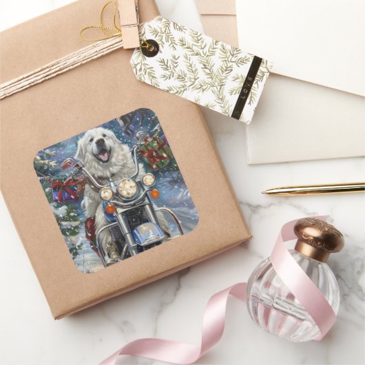 ピレネー素晴らしズドッグライディングオートバイクリスマス スクエアシール (ギフト)