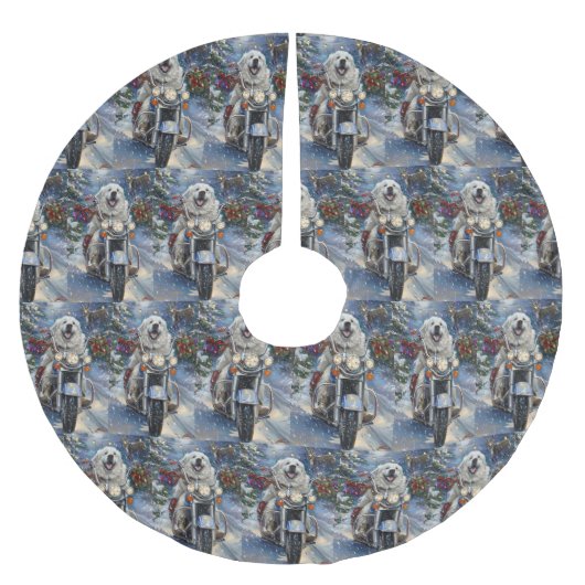 ピレネー素晴らしズドッグライディングオートバイクリスマス ブラッシュドポリエステルツリースカート (正面)