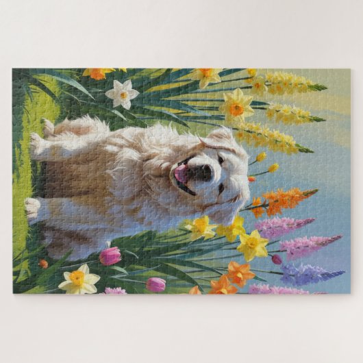 ピレネー素晴らしズドッグ春の花絵を描ズ ジグソーパズル (横)