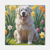 ピレネー素晴らしズドッグ春の花絵を描ズ マグネット (正面)