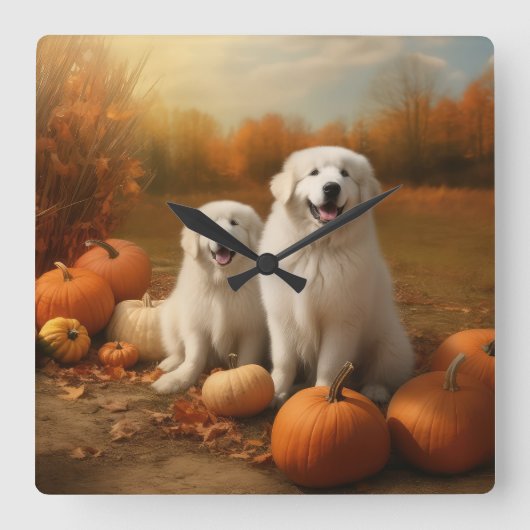 ピレネー素晴らしズパピーオータムデライトカボチャ スクエア壁時計 (正面)