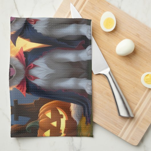 ピレネー素晴らしドッグスパンプキンハロウィンおもしろい キッチンタオル (四つ折り)