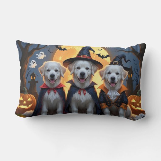 ピレネー素晴らしドッグスパンプキンハロウィンおもしろい ランバークッション (裏面)