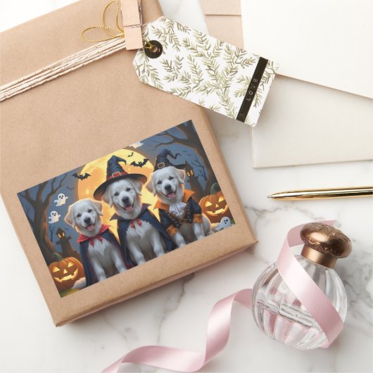 ピレネー素晴らしドッグスパンプキンハロウィンおもしろい 長方形シール (ギフト)