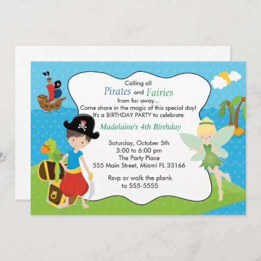 ピレートフェアリーピクシー子供の誕生日パーティー 招待状 (正面/裏面)