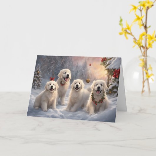 ピレ素晴らしネエス子犬5冬のクリスマスシーン カード (黄色い花)