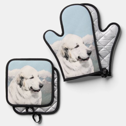 ピレ素晴らしネー絵を描ズホワイトオリジナルペットドッグアート 鍋つかみ&鍋敷きセット (正面/裏面)