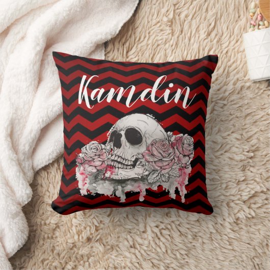 ピローパーソナライズされたスカルバラゴシックChevron赤 クッション (ブランケット)