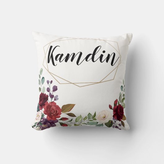 ピローパーソナライズされたホワイトローズ金ゴールドジオメトリックフロロ クッション (正面)