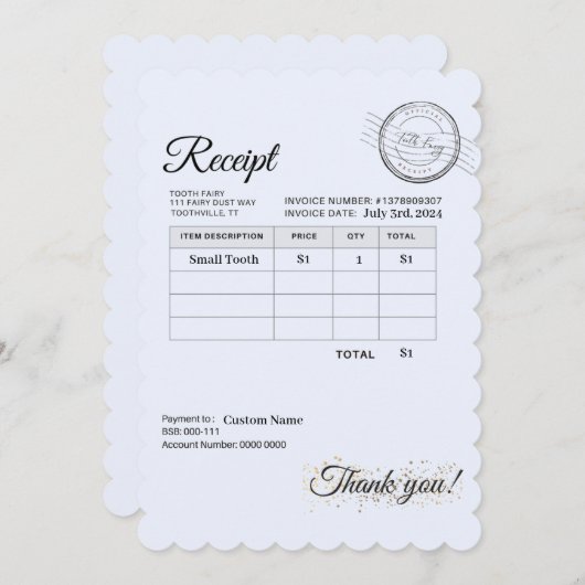 ピローレシートの下の正式な歯の子供へ妖精 (正面/裏面)