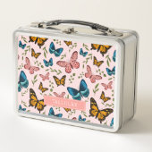 ピンお洒落ク·バタフライ·パターン·ガールズ メタルランチボックス (正面)
