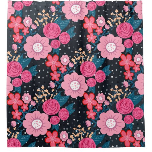 ピンかわいらしガーリークフローラシルバードットグレーデザイン シャワーカーテン (正面)