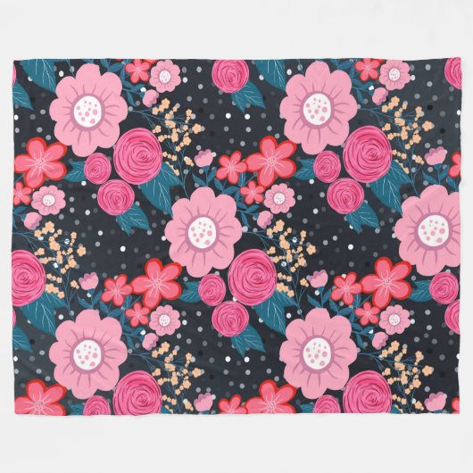 ピンかわいらしガーリークフローラシルバードットグレーデザイン フリースブランケット (正面(横))
