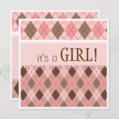 ピンかわいらしクの女のアーガイル柄の子の赤ちゃんシャワー 招待状 (正面/裏面)