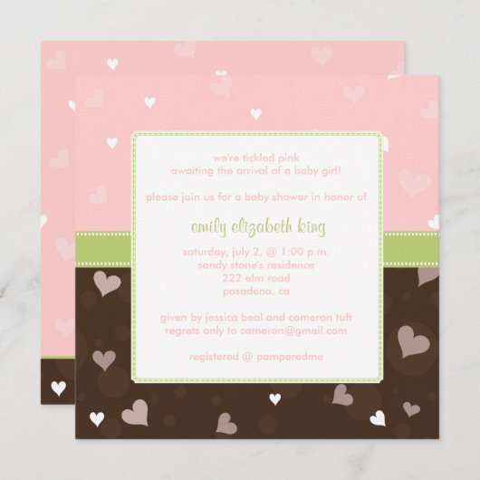 ピンかわいらしクの小さなハートの赤ちゃん 招待状 (正面/裏面)
