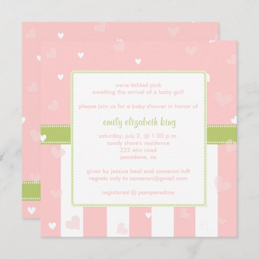 ピンかわいらしクの小さなハートの赤ちゃん 招待状 (正面/裏面)
