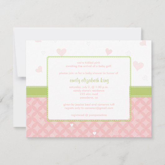 ピンかわいらしクの小さなハートの赤ちゃん 招待状 (正面)