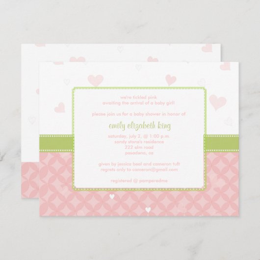 ピンかわいらしクの小さなハートの赤ちゃん 招待状 (正面/裏面)