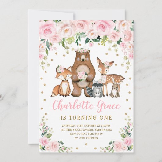 ピンかわいらしクフラワーウッドランドアニマルズガール誕生日 招待状 (正面)