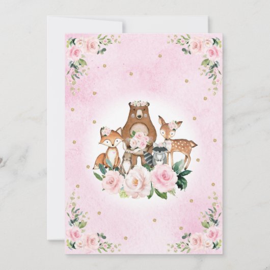 ピンかわいらしクフラワーウッドランドアニマルズガール誕生日 招待状 (裏面)