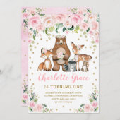 ピンかわいらしクフラワーウッドランドアニマルズガール誕生日 招待状 (正面/裏面)