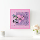 ピンかわいらしクフラワーフェアリーアクセサリ-名前を追加 スクエア壁時計 (ホーム)