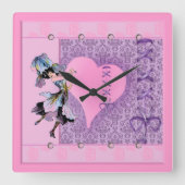 ピンかわいらしクフラワーフェアリーアクセサリ-名前を追加 スクエア壁時計 (正面)