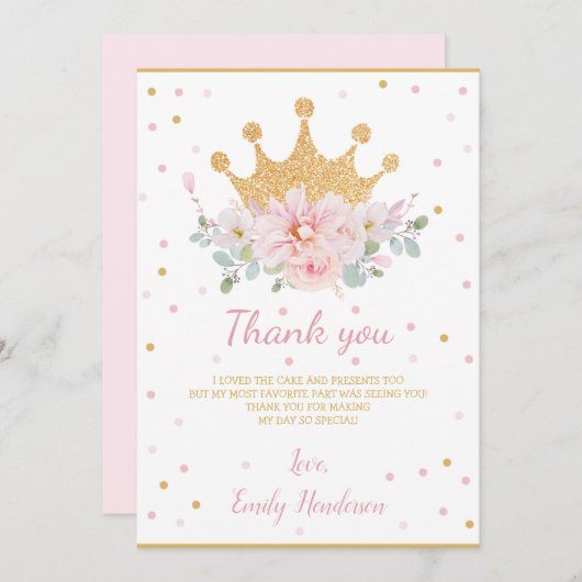 ピンかわいらしクフローラク王室のラウンプリンセス誕生日T サンキューカード (正面/裏面)