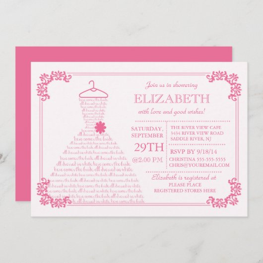 ピンかわいらしクモダンズドレスブライダルシャワー 招待状 (正面/裏面)