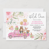 ピンかわいらしク·ウッドランド·ワイルド·ワン·ガール1歳の誕生日 招待状 (正面)