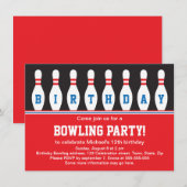 ピンが並んだボウリングの誕生日パーティー招待状 招待状 (正面/裏面)