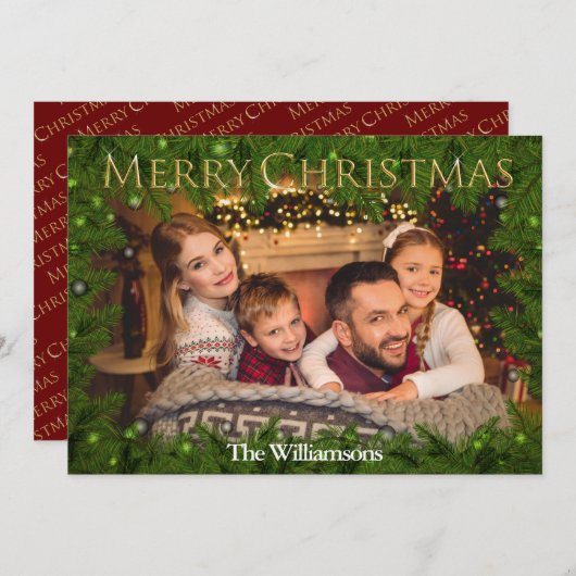 ピンの木の間でキラキラ輝くクリスマス 家族の写真 シーズンカード (正面/裏面)