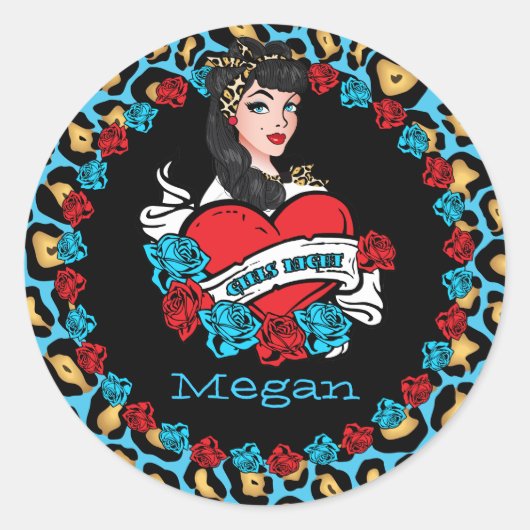 ピンアップ・ガール、ロック・ア・ビリー、パーティー・ステッカー ラウンドシール (正面)