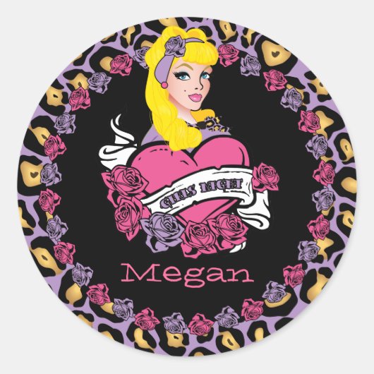 ピンアップ・ガール、ロック・ア・ビリー、パーティー・ステッカー ラウンドシール (正面)