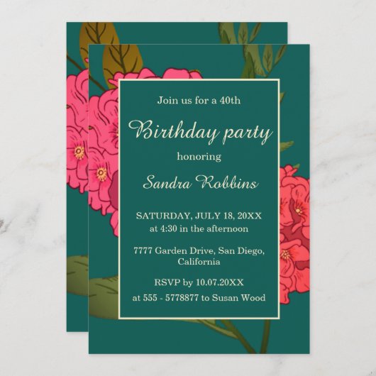 ピンエレガントクの花の誕生日の招待状 招待状 (正面/裏面)