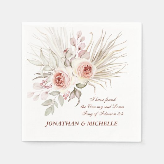 ピンエレガントクアイボリー・ボホ・フローラ結婚の聖書の一節 スタンダードカクテルナプキン (正面)