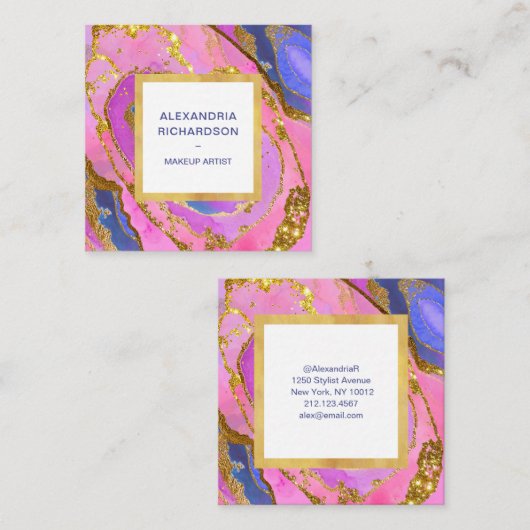 ピンエレガントクブルーアンド金ゴールド スクエア名刺 (正面/裏面)