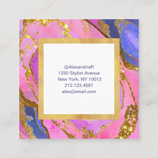 ピンエレガントクブルーアンド金ゴールド スクエア名刺 (裏面)