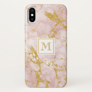 ピンエレガントクマーブルモノグラムフェイク金ゴールドグリッター iPhone X ケース