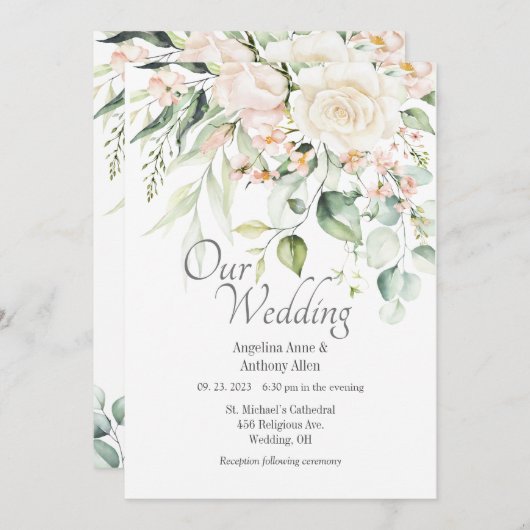 ピンエレガントク赤面水色フローラ結婚ズ 招待状 (正面/裏面)