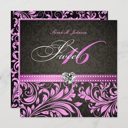 ピンエレガントク&ブラックダマスクスイート16 招待状 (正面/裏面)