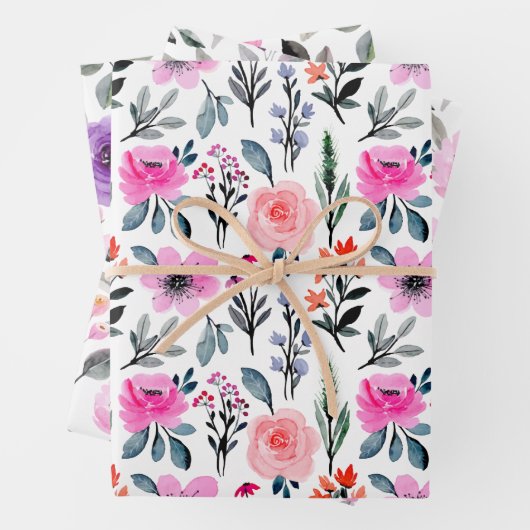 ピンカラフルと紫の水色フローラ ラッピングペーパーシート (インサイチュ)