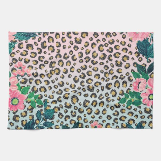 ピンガーリークミントグラデーションフローラグリッターレオパードプリント キッチンタオル (横)