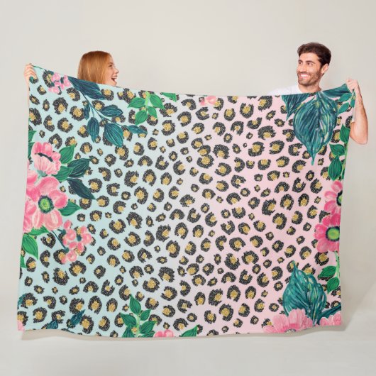 ピンガーリークミントグラデーションフローラグリッターレオパードプリント フリースブランケット (インサイチュ)