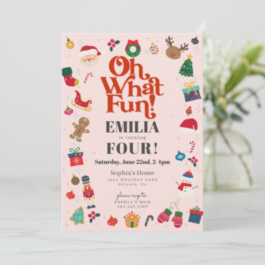ピンクああ何おもしろいクリスマスウィンターバースデーパーティー 招待状 (スタンド正面)