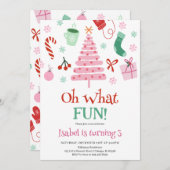 ピンクああ何おもしろいクリスマスバースデーパーティー 招待状 (正面/裏面)