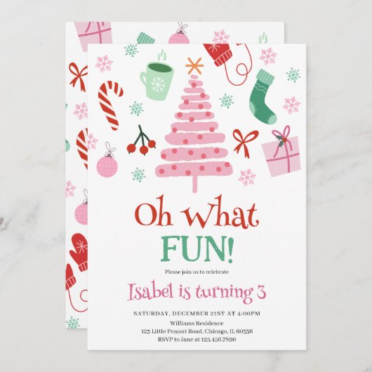 ピンクああ何おもしろいクリスマスバースデーパーティー 招待状 (正面/裏面)