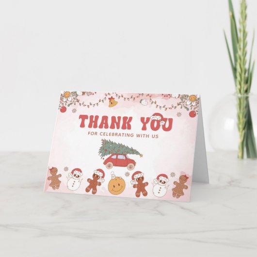 ピンクああ何おもしろいクリスマスパーティーサンキューカード サンキューカード (正面)