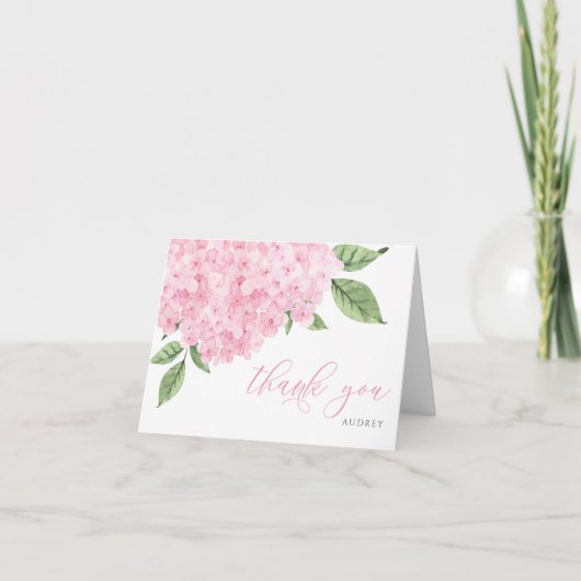 ピンクあじさい水色ブルームスクリプト サンキューカード (正面)